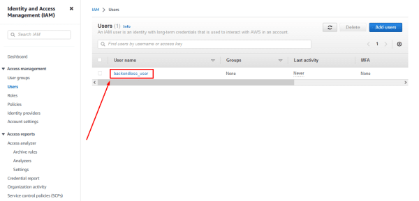 In the IAM Management Console, select the newly created user from the list of users