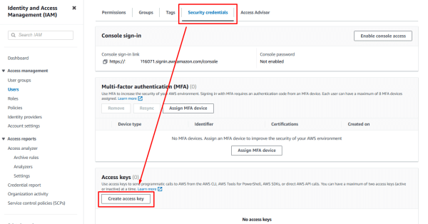 Select the “Security Credentials” tab and then in the “Access keys” section, click the “Create access key” button