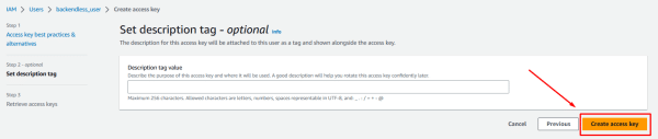 Create an appropriate description tag and proceed by clicking the “Create access key” button