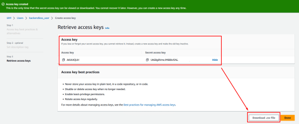 Save your Access Key and the Secret Access Key by clicking the “Download .csv file” button