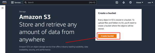 Navigate to the S3 Management Console and click the “Create bucket” button