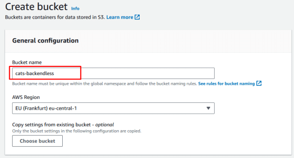Specify the new name for your bucket and select the appropriate AWS region
