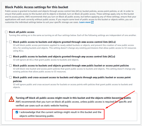 Select the appropriate Public Access settings for your bucket and confirm your choice