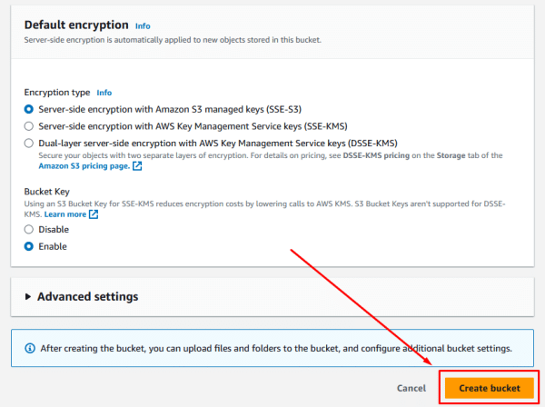 Select the desired encryption type for your bucket