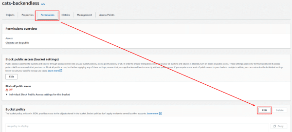 Select the Permissions tab and in the Bucket policy section click the “Edit” button